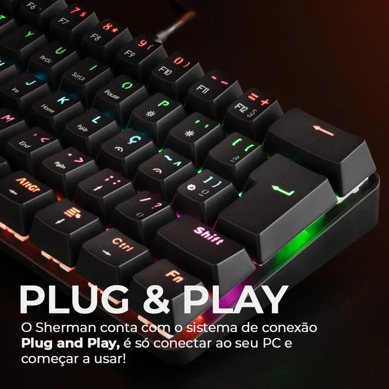 Teclado Mecanico Gamer TGT Sherman  Compacto, Rainbow, ABNT2, Switch Azul, Preto, TGT-SHTKL-RBW01