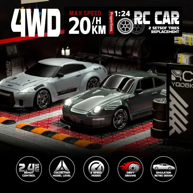 Carros RC 1/24 Veículo de Controle Remoto com Luzes LED 2.4GHz 20KM/H 4WD Carro RC de Alta Velocidade Drifting Pneus de Corrida Brinquedo Presente Adulto Criança