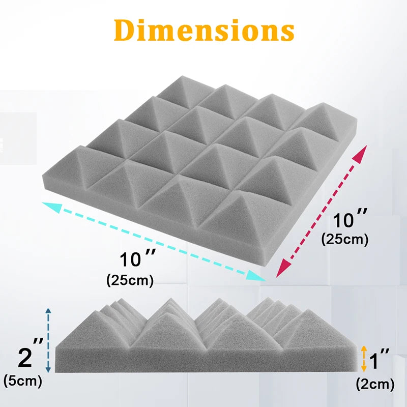 Painéis de espuma à prova de som acústico de estúdio 6/12/24 peças, esponja acústica de tratamento de isolamento acústico pirâmide, painéis de espuma acústica