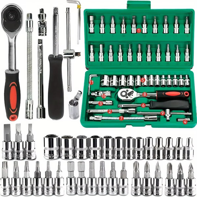 Kit de ferramentas para reparo de carro, 53 peças/46 peças, 1/4 unidades, conjunto de soquete, ferramenta de reparo de carro, chave de torque de catraca, conjunto de reparo automático, ferramentas mecânicas