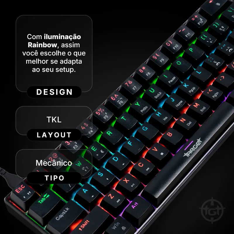 Teclado Mecanico Gamer TGT Sherman  Compacto, Rainbow, ABNT2, Switch Azul, Preto, TGT-SHTKL-RBW01