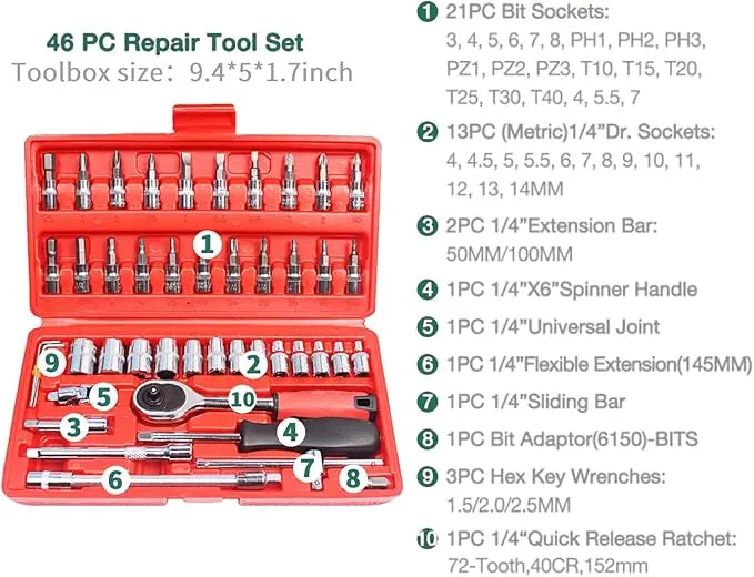 46 Peças Caixa Chave Ferramenta Auto Reparação Conjunto Chave Fly 1/4 Espinhos Chave Conjunto Reparação de Hardware Doméstico