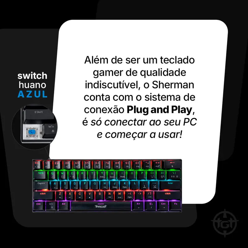 Teclado Mecanico Gamer TGT Sherman  Compacto, Rainbow, ABNT2, Switch Azul, Preto, TGT-SHTKL-RBW01